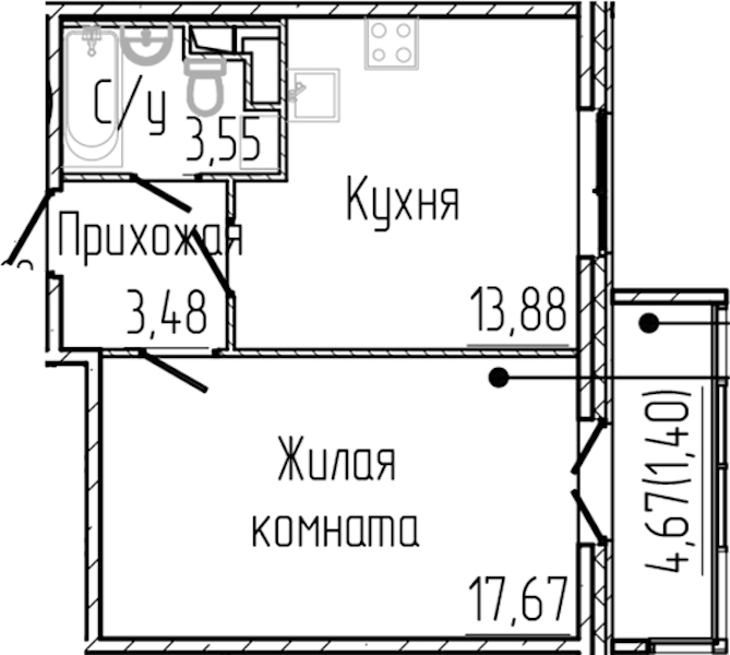 1-комнатная квартира 39.98 м², 4/4 эт., ЖК «SERTOLOVO PARK»